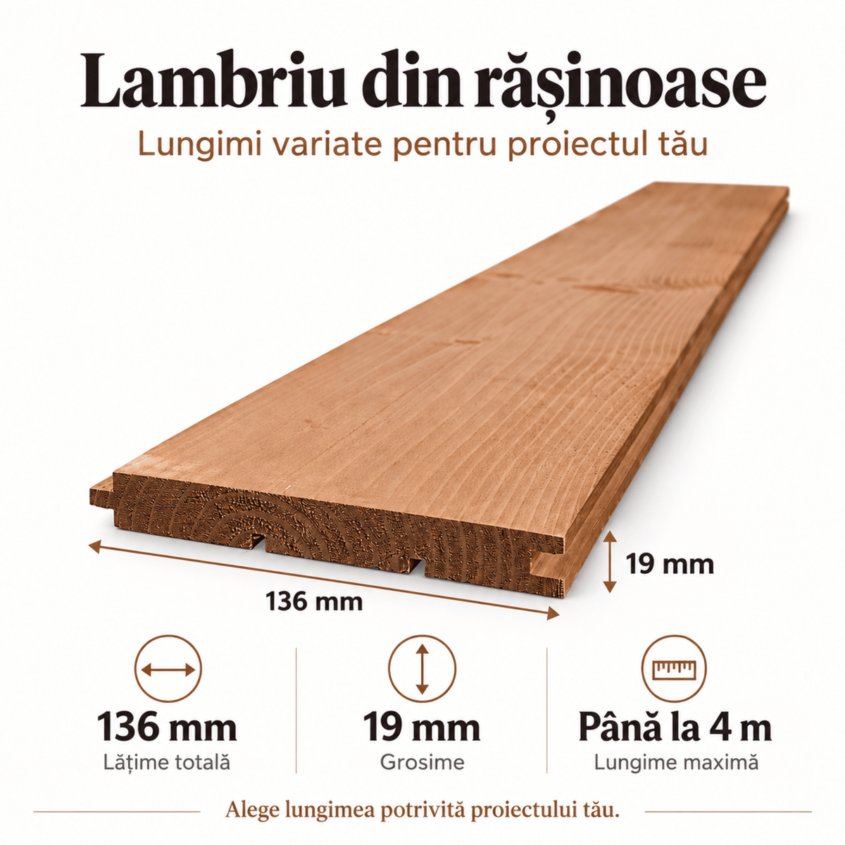 Lambriu din rasinoase cu imbinare lamba-uluc, 136 × 19 mm, pentru interior si exterior